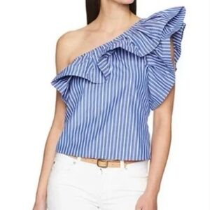 Misa Los Angeles Blue & White Off-Shoulder Top